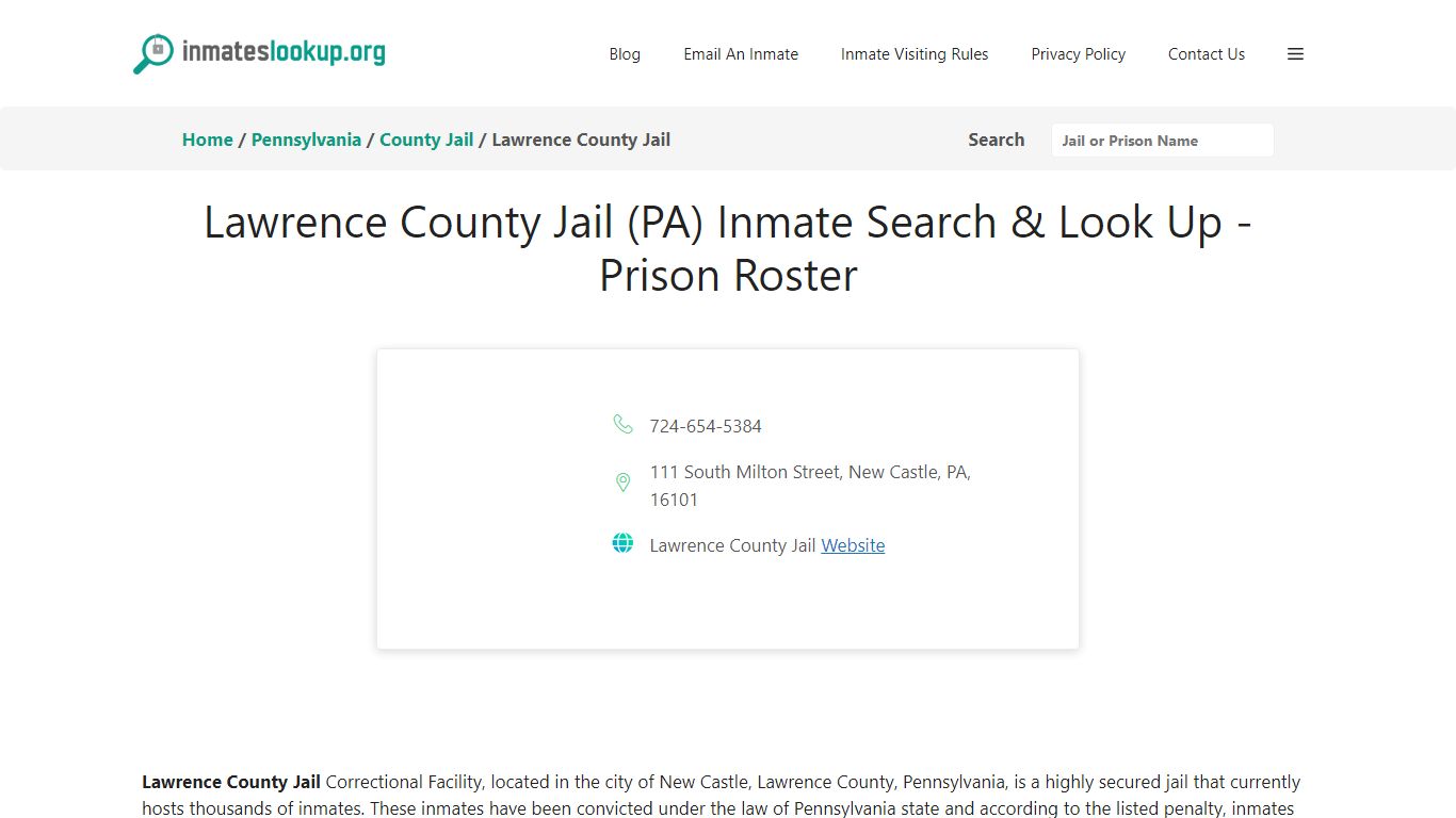 Lawrence County Jail (PA) Inmate Search & Look Up - Prison Roster